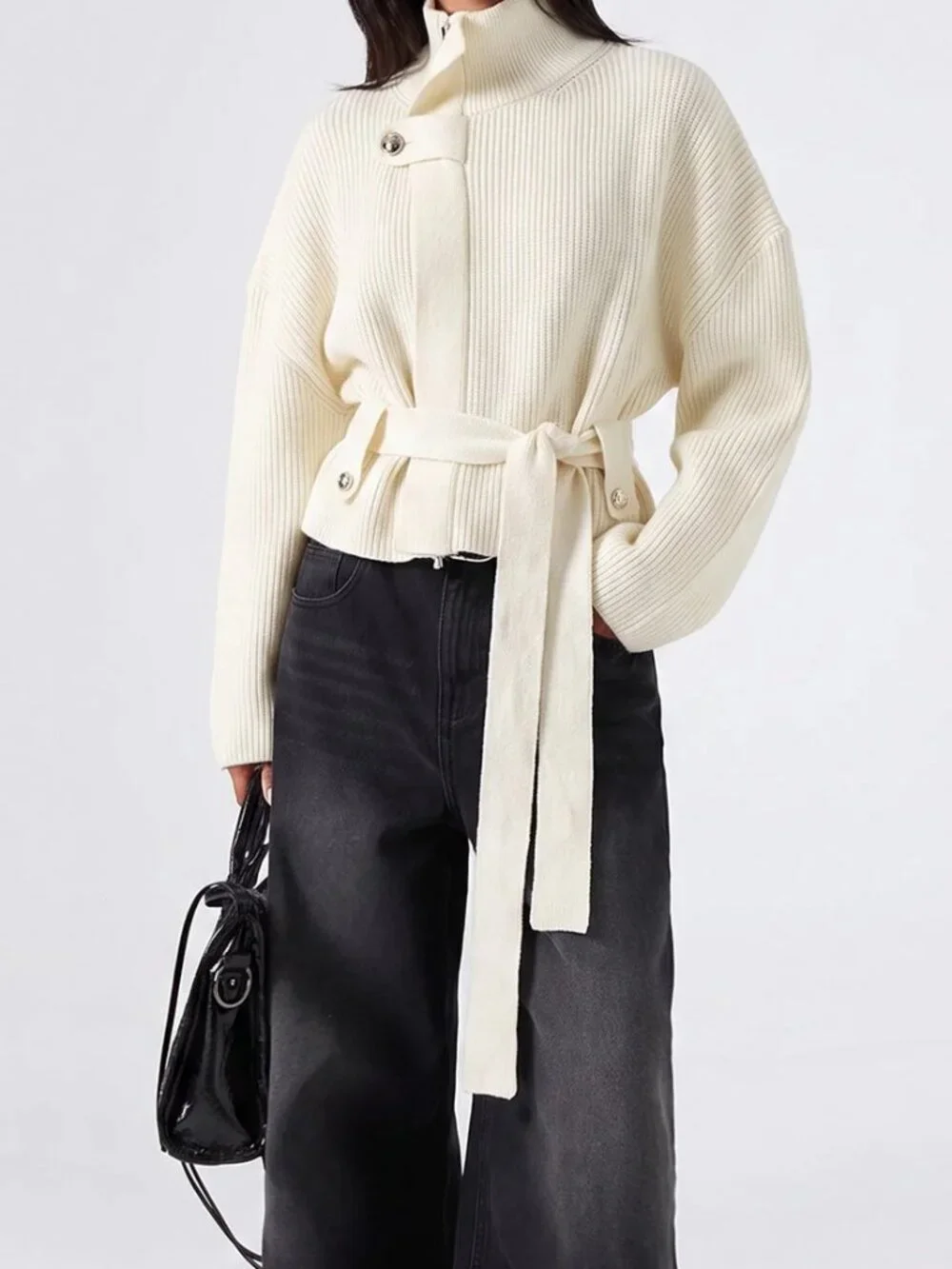 White Casual Women's High Neck Drop Shoulder Belted Cardigan
